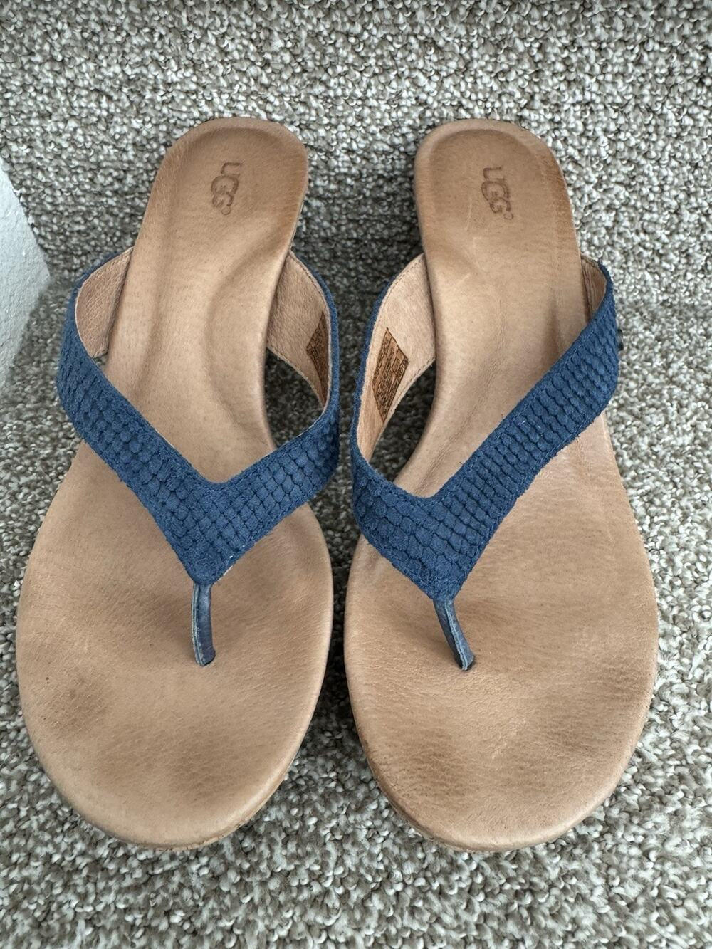 UGG Women's W Natassia Mar Wedge Sandal Cork Trim Navy Straps Size 8 Preowned
